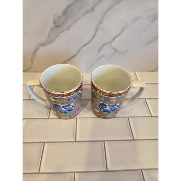 Kozan Gama Japan Imari Mugs Mino Ware Foo Dog Floral Pattern 10oz Set Of 2 GUC - Picture 3 of 13